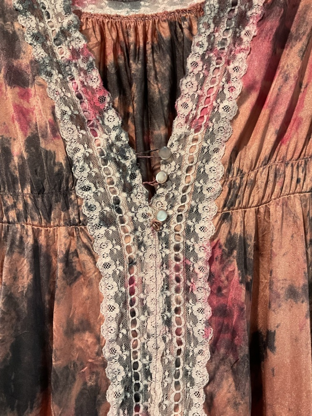 True Vintage Tie-Dye Pink Brown Long Lace-Trim Satin Dress Chemise Nightgown Y2K - Picture 2 of 9